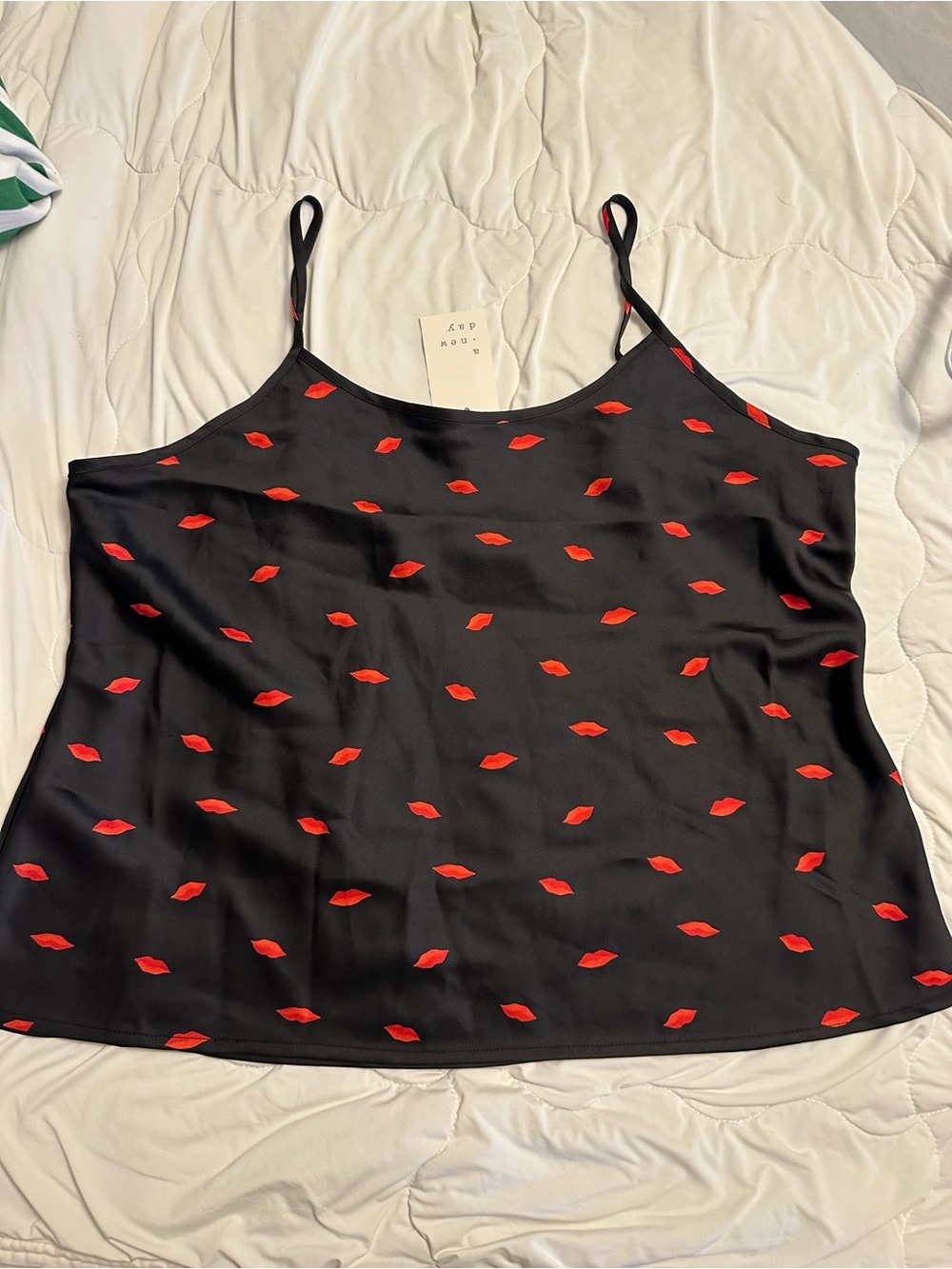 a new day Black Slip Cami with Red Lip Print